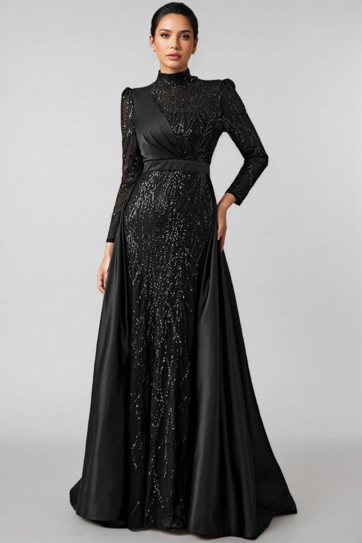 Moto Sequin Satin Long-Sleeved Maxi Dress - View 2