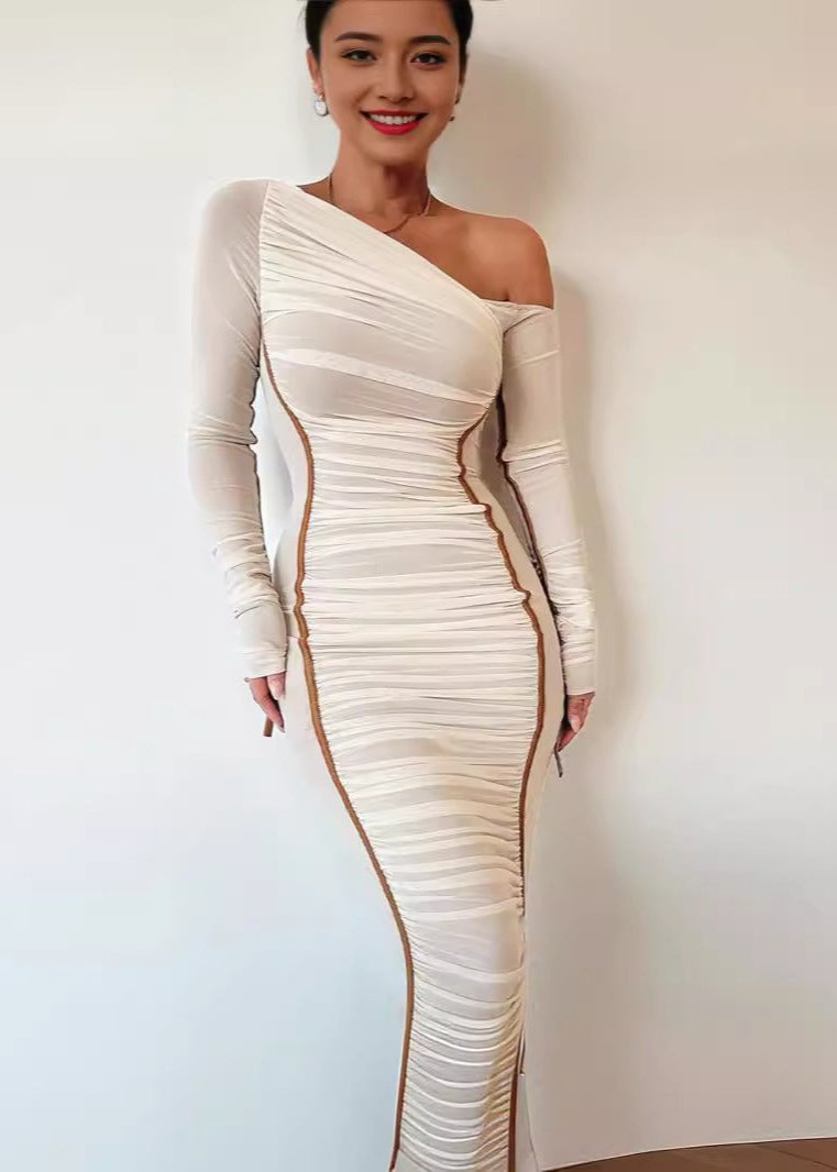 Asymmetrical Elegance Mesh Midi Dress in Beige - View 4