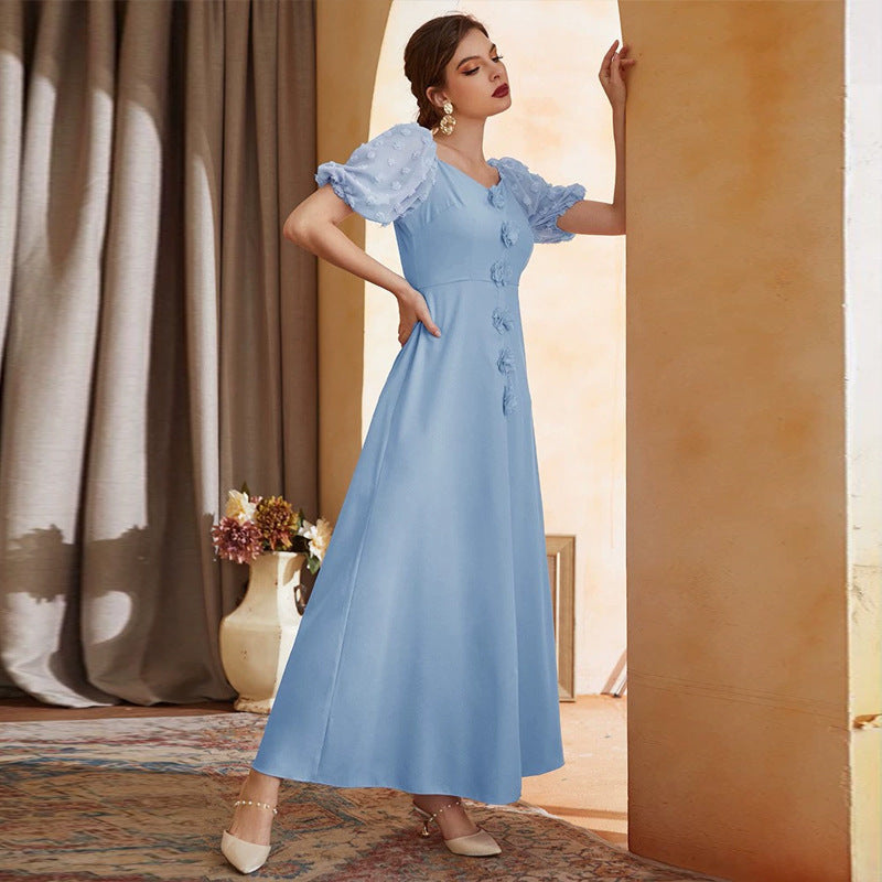 Rose Applique Sweetheart Swiss Dot Puff Sleeve Maxi Dress - View 2