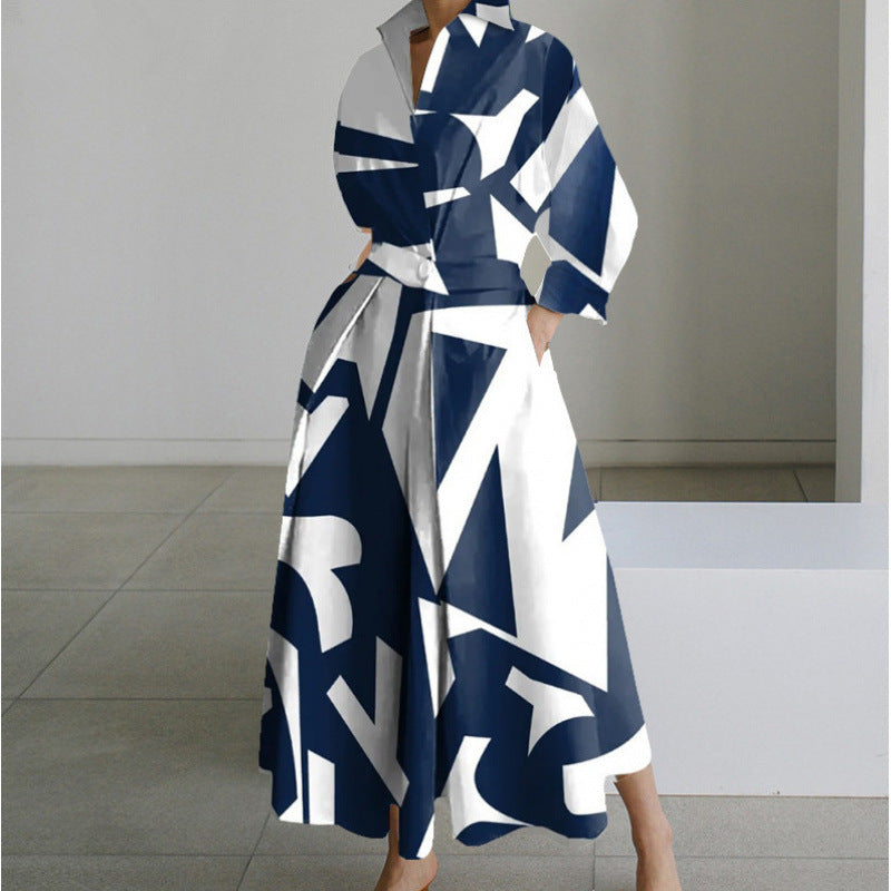 Newspaper Print Collared Long Sleeve Belted Pleated Maxi Shirt Dress 8