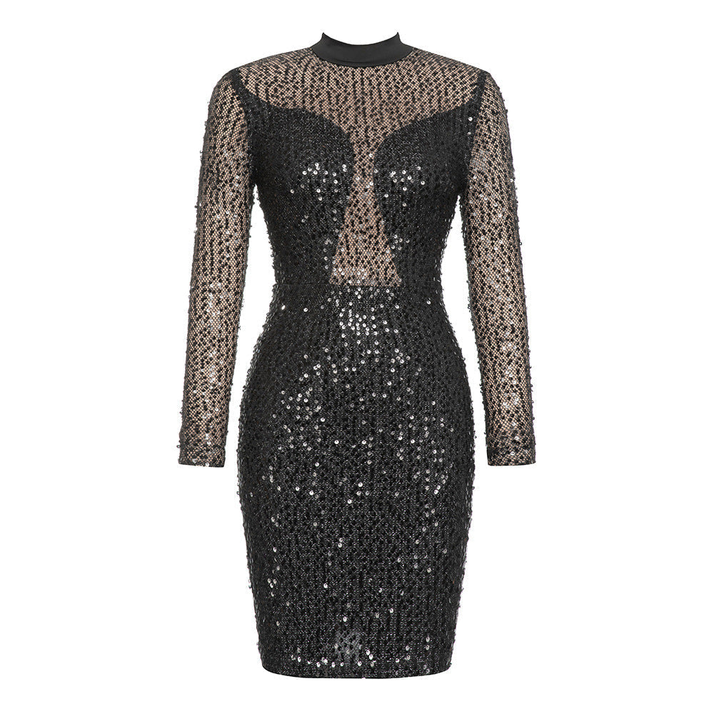 Simple Round Neck Sequ Stitching Mesh Long Sleeve Dress - View 3