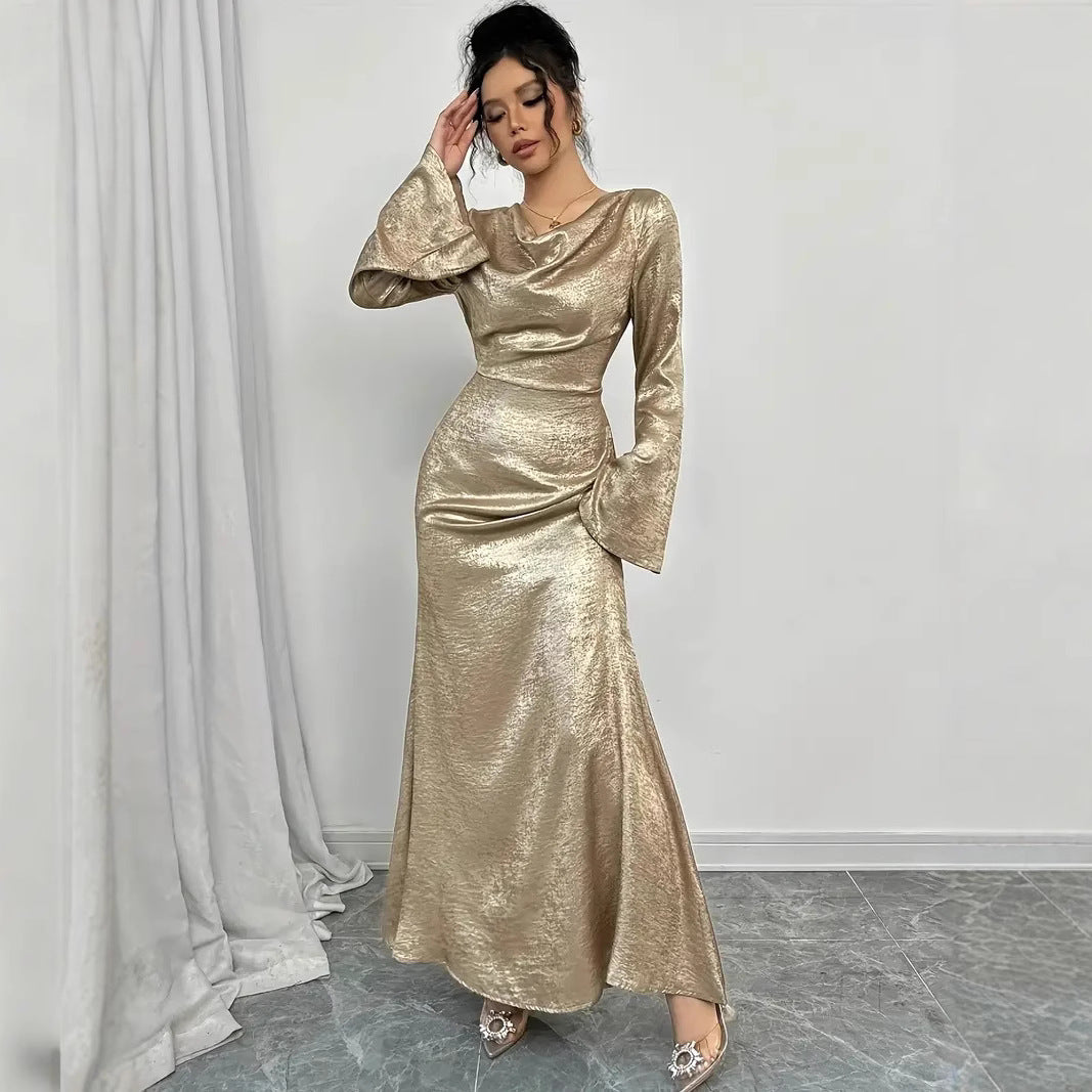 Metallic Cowl Neck Bell Sleeve Maxi Gown - View 4