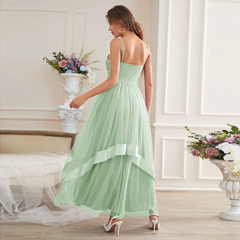 Mesh Tulle Lace Applique Spaghetti Strap V-Neck Tiered Maxi Gown - View 2