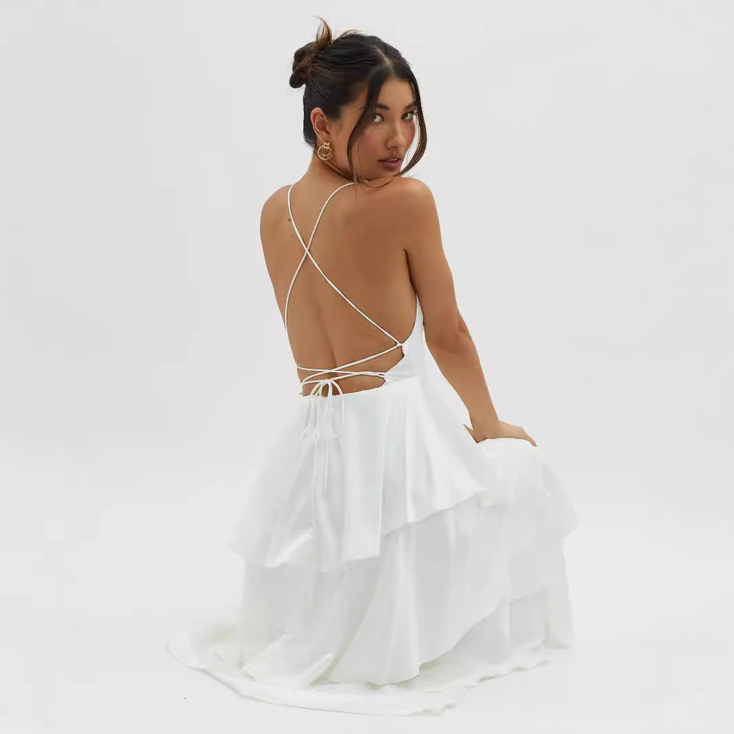 Tiered Dress Deep V Plunge Neck Backless Lace Up Dress - View 4