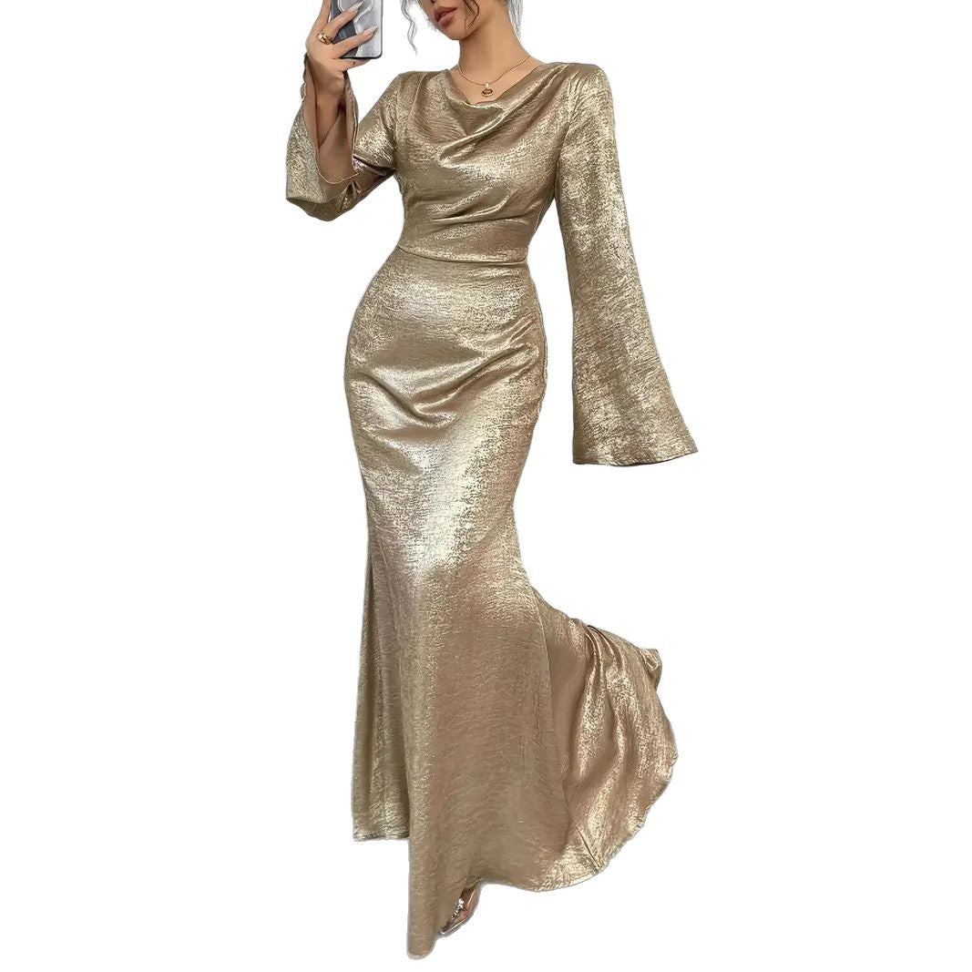 Metallic Cowl Neck Bell Sleeve Maxi Gown - View 5