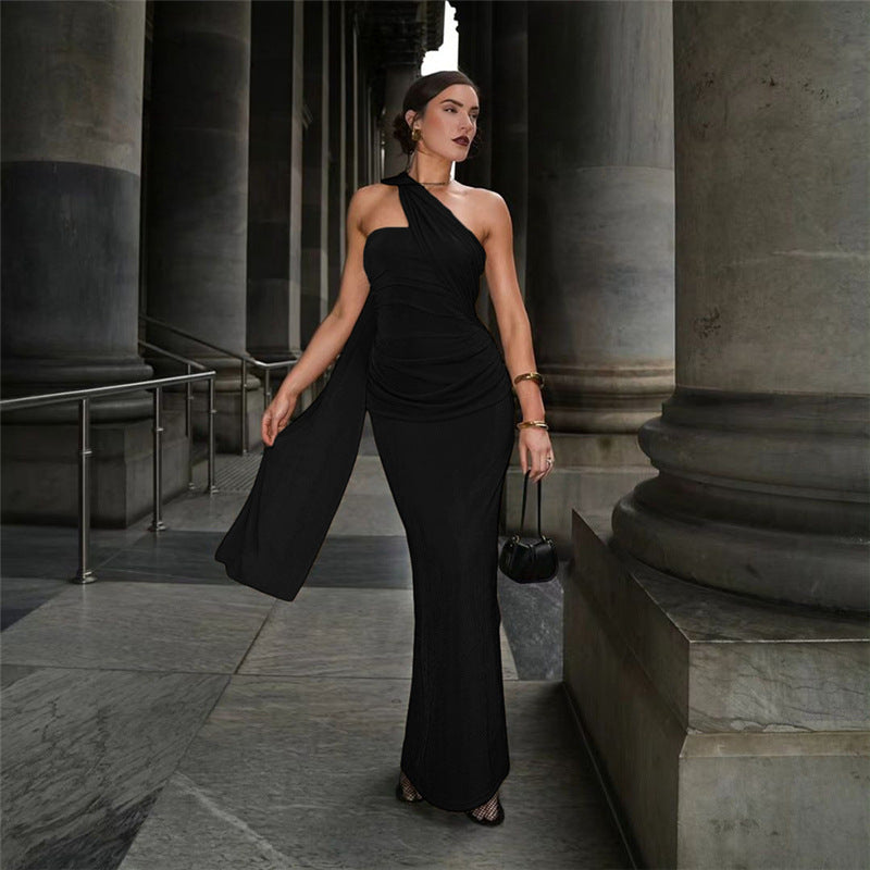 Velvet Halter Neck Ruched Mermaid Maxi Gown - View 5