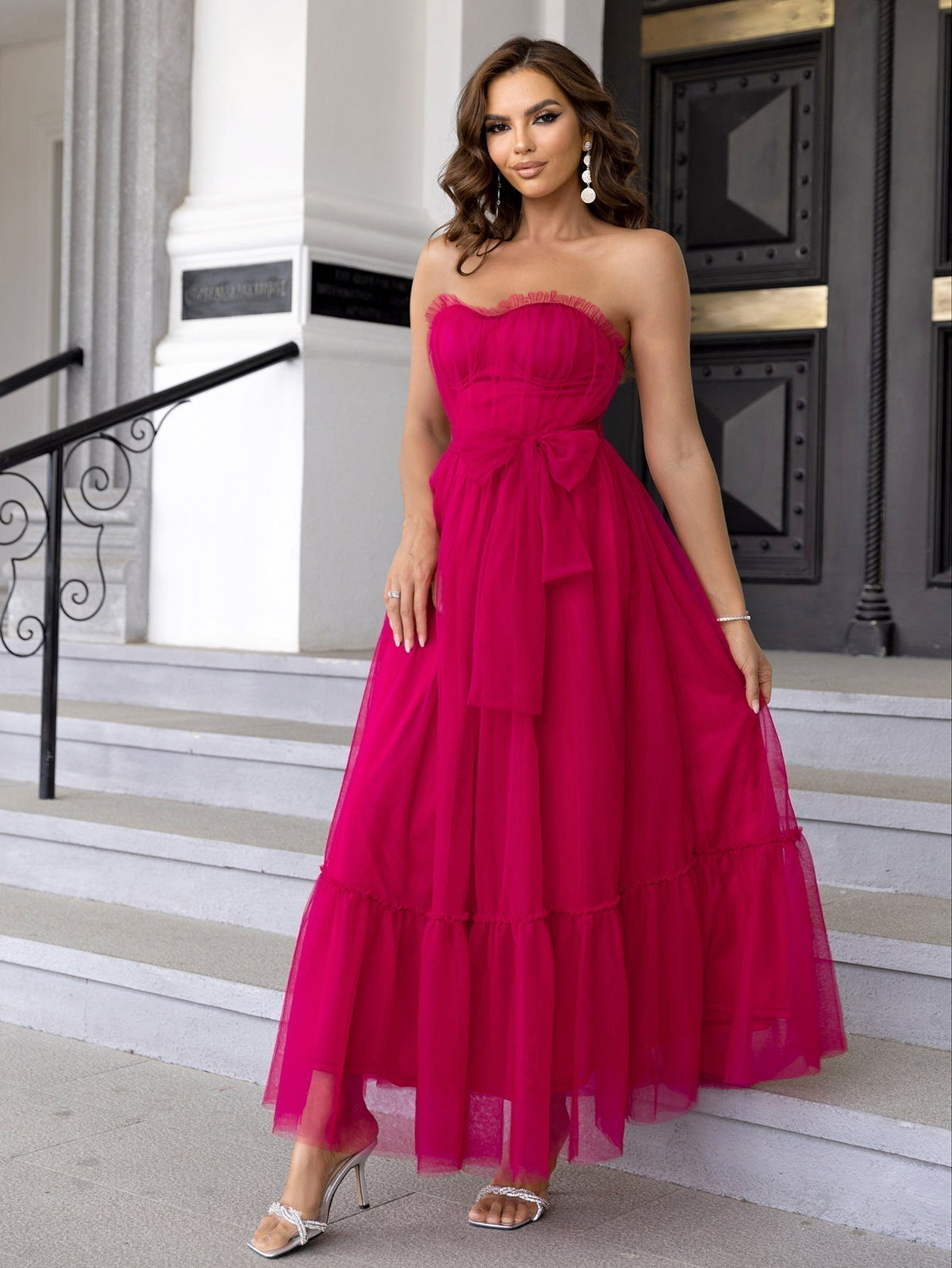 Mesh Dress Lace up Dress Ruffled Tied Mesh Straight - View 2