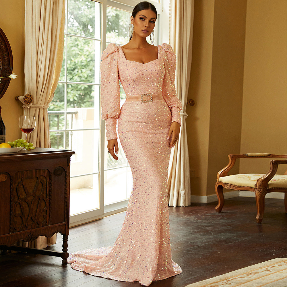 Sequin Square Neck Puff Sleeve Belted Mermaid Gown