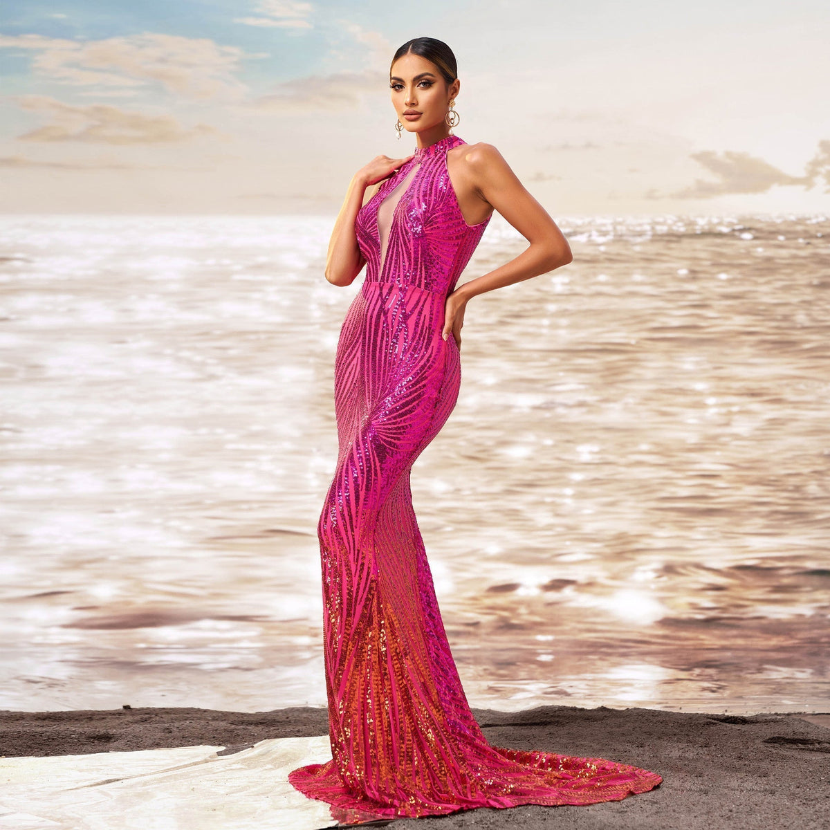 Sequin Halter Neck Keyhole Mermaid Fishtail Evening Gown - View 3
