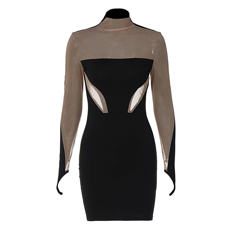 Mesh patchwork contrast gloves high neck mini dress - View 8