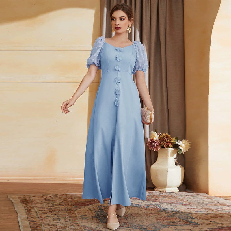Rose Applique Sweetheart Swiss Dot Puff Sleeve Maxi Dress