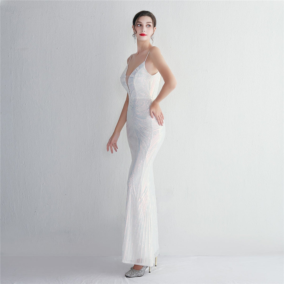 Sequin Geometric Spaghetti Strap Deep V-Neck Mermaid Maxi Gown 4