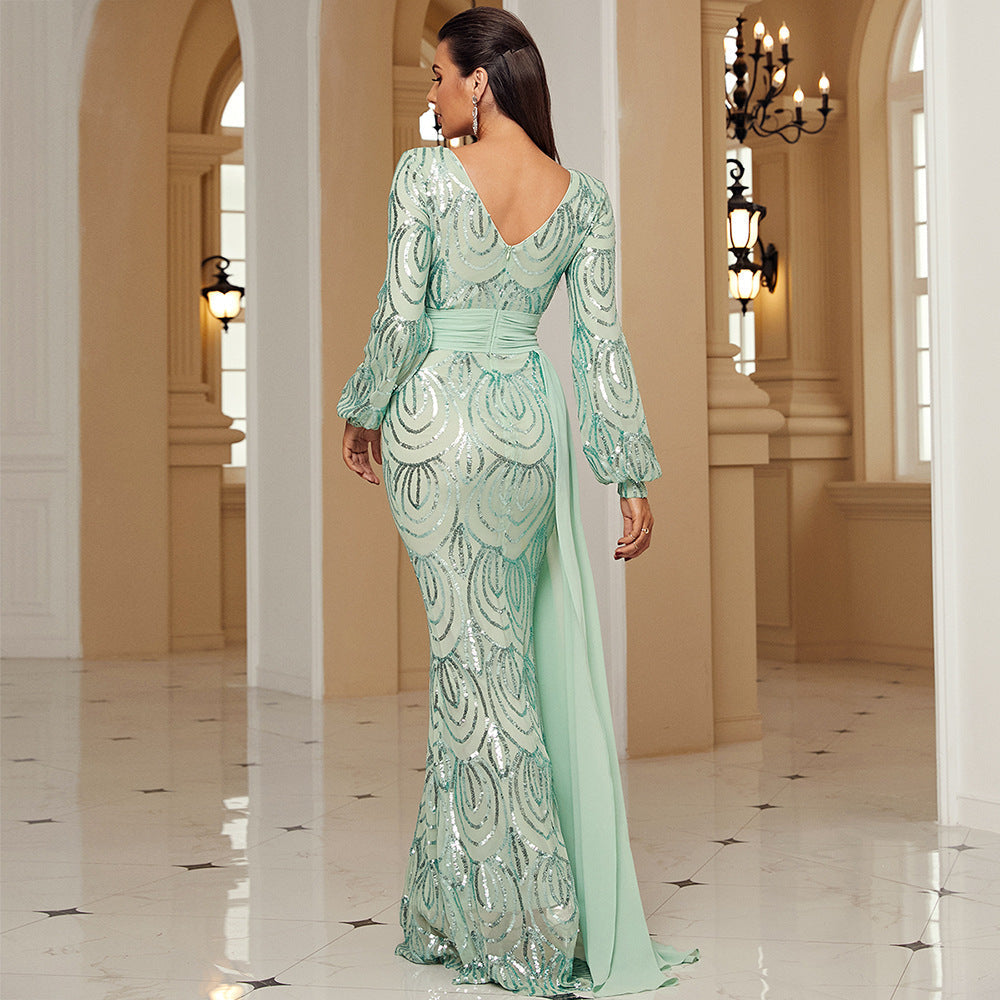 Sequin V-Neck Long Sleeve Mermaid Evening Gown - View 3