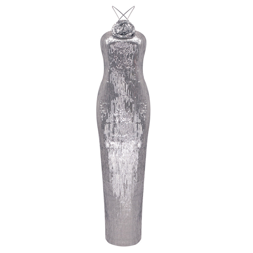 Sequin Halter Neck Rosette Detail Column Maxi Gown - View 2
