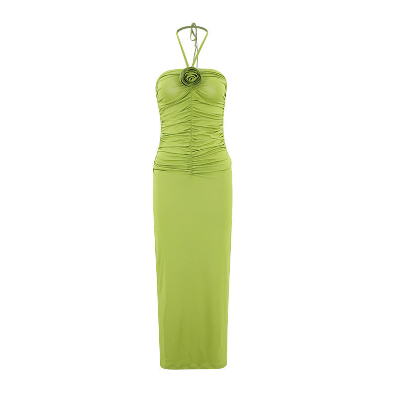Halter Neck Floral Applique Ruched Side Slit Bodycon Maxi Dress - View 6