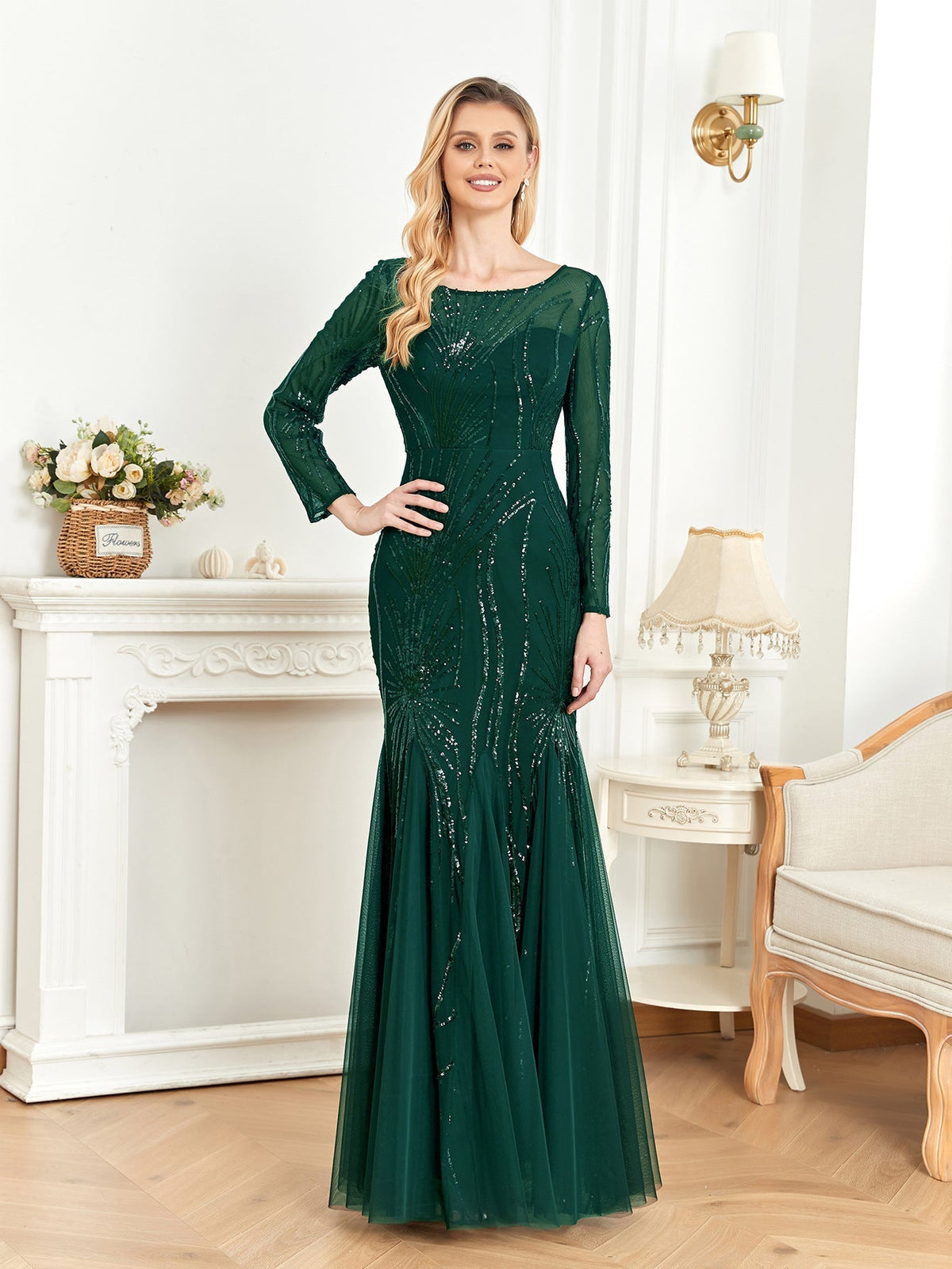 Sequin Crew Neck Long Sleeve Tulle Mermaid Maxi Gown - View 4