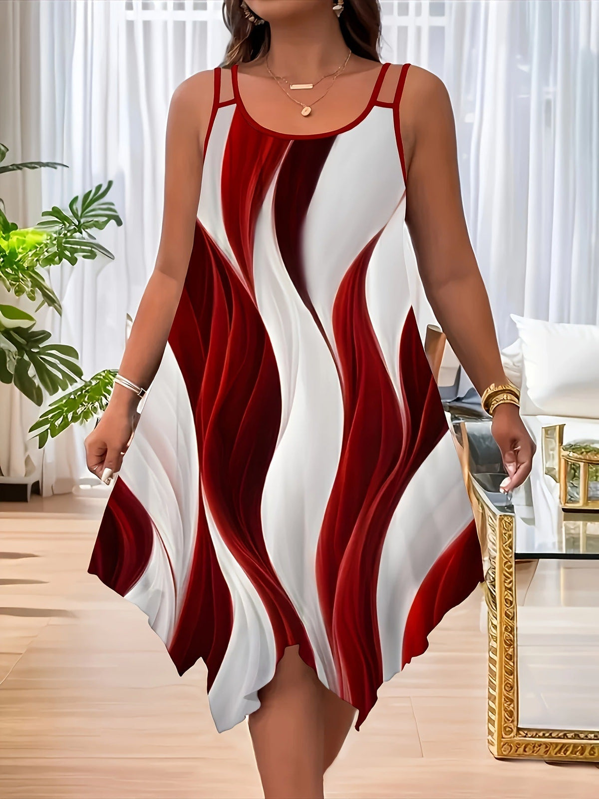 Abstract Print Sleeveless Handkerchief Hem Midi Dress 8