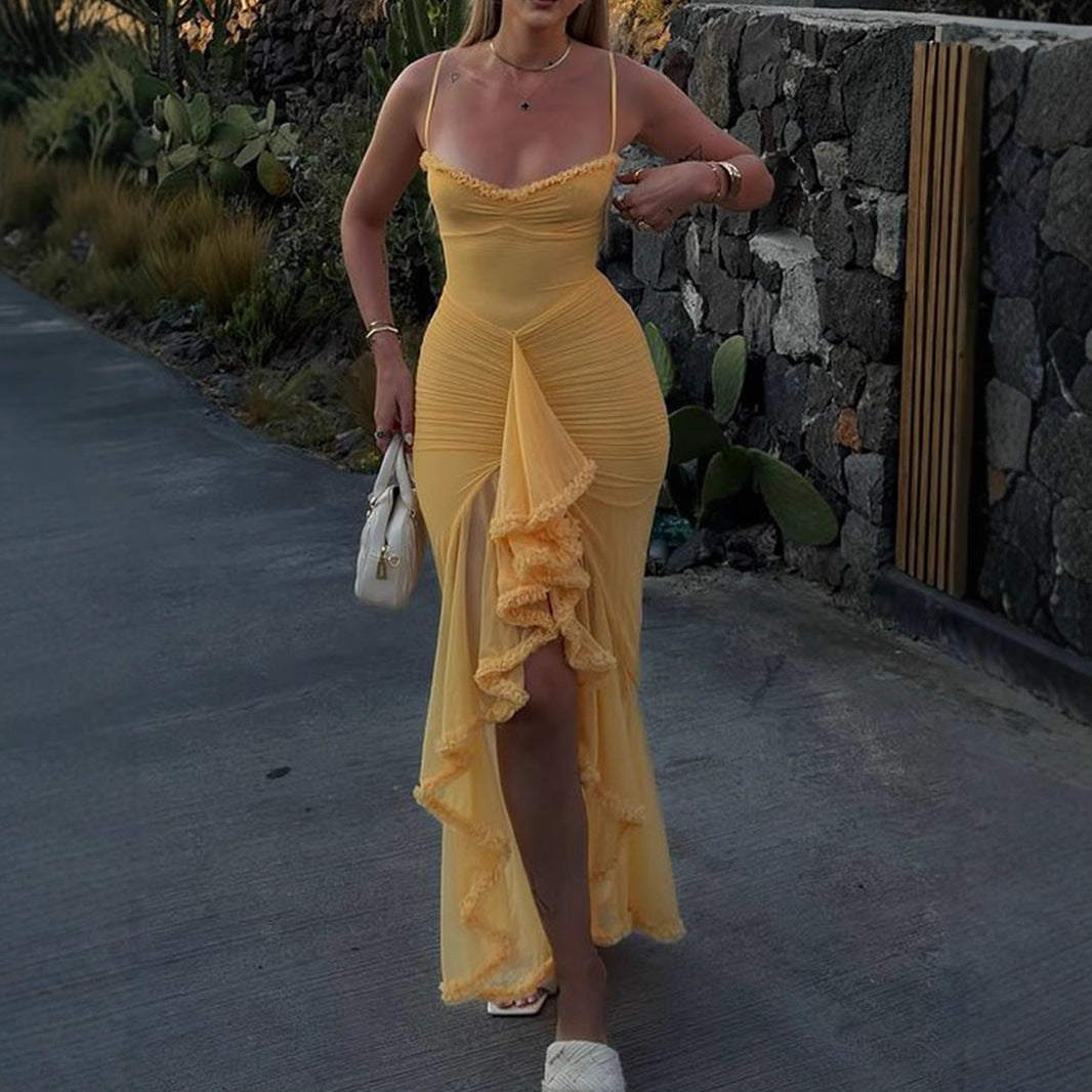 Early Autumn Wear High Grade Mesh Camisole Pleated Dress