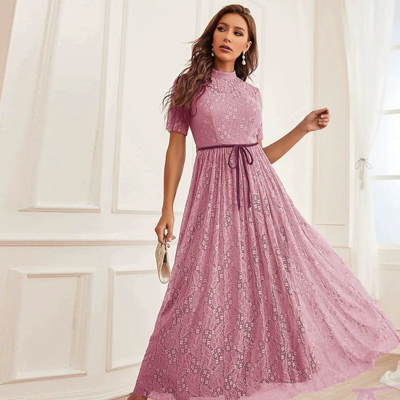 Mock Neck Short Sleeve Lace Belted A-Line Maxi Dress - View 2