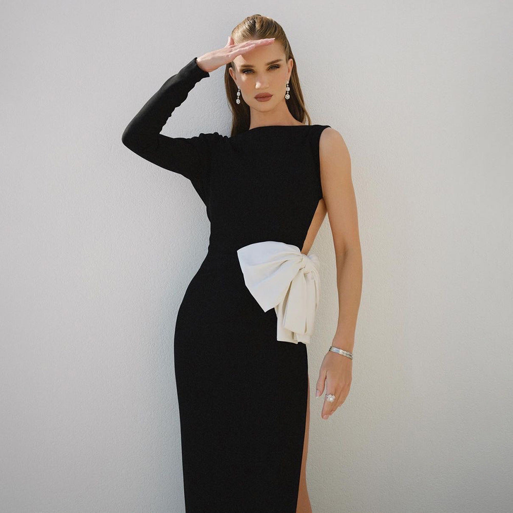 One Shoulder Long Sleeve Bow High Split Evening Gown - View 2