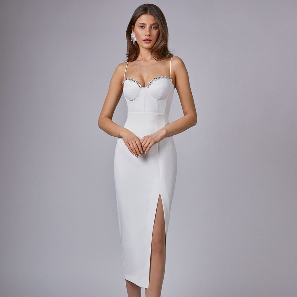 Spaghetti Strap Sweetheart Crystal Trim Bustier High Split Maxi Dress - View 2