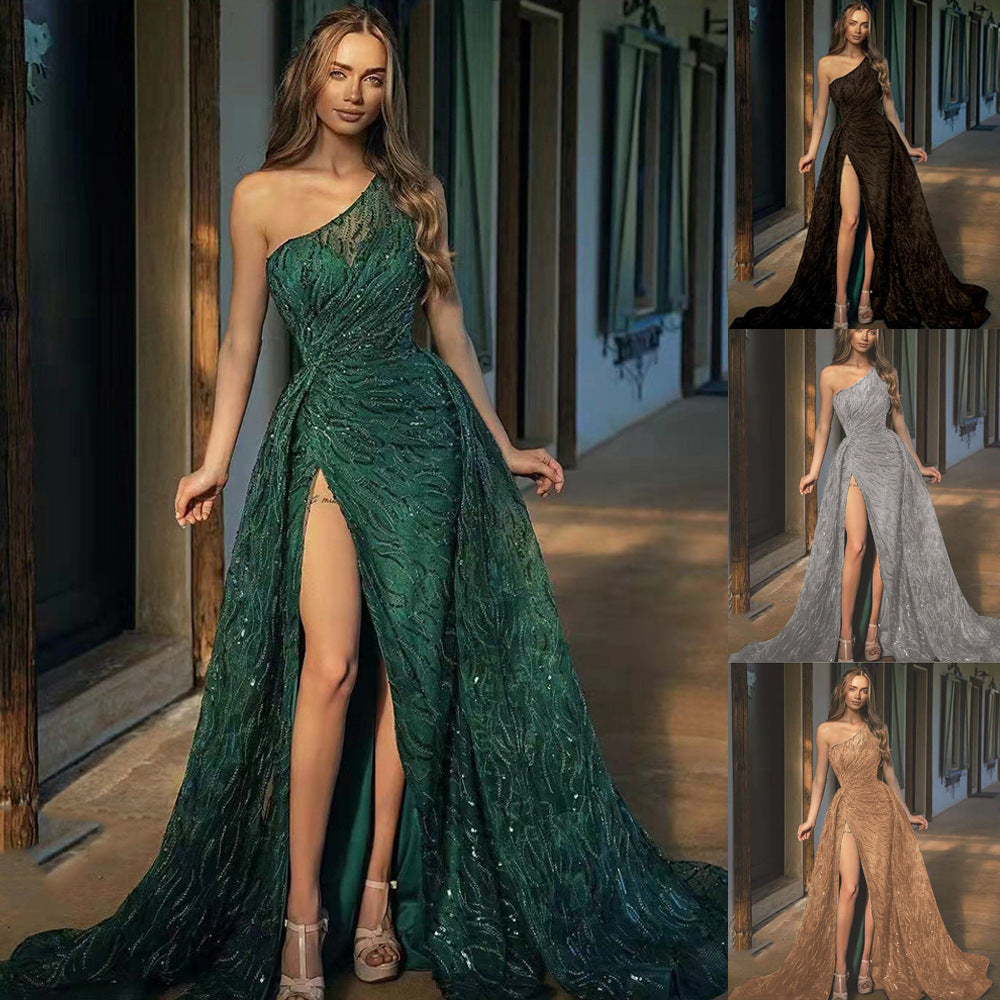 Sequin One Shoulder High Split Maxi Gown - View 6