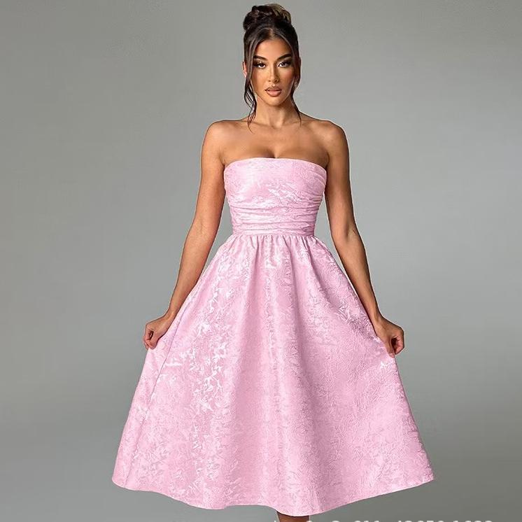 Jacquard Strapless Ruched Waist Fit and Flare Midi Dress - View 3