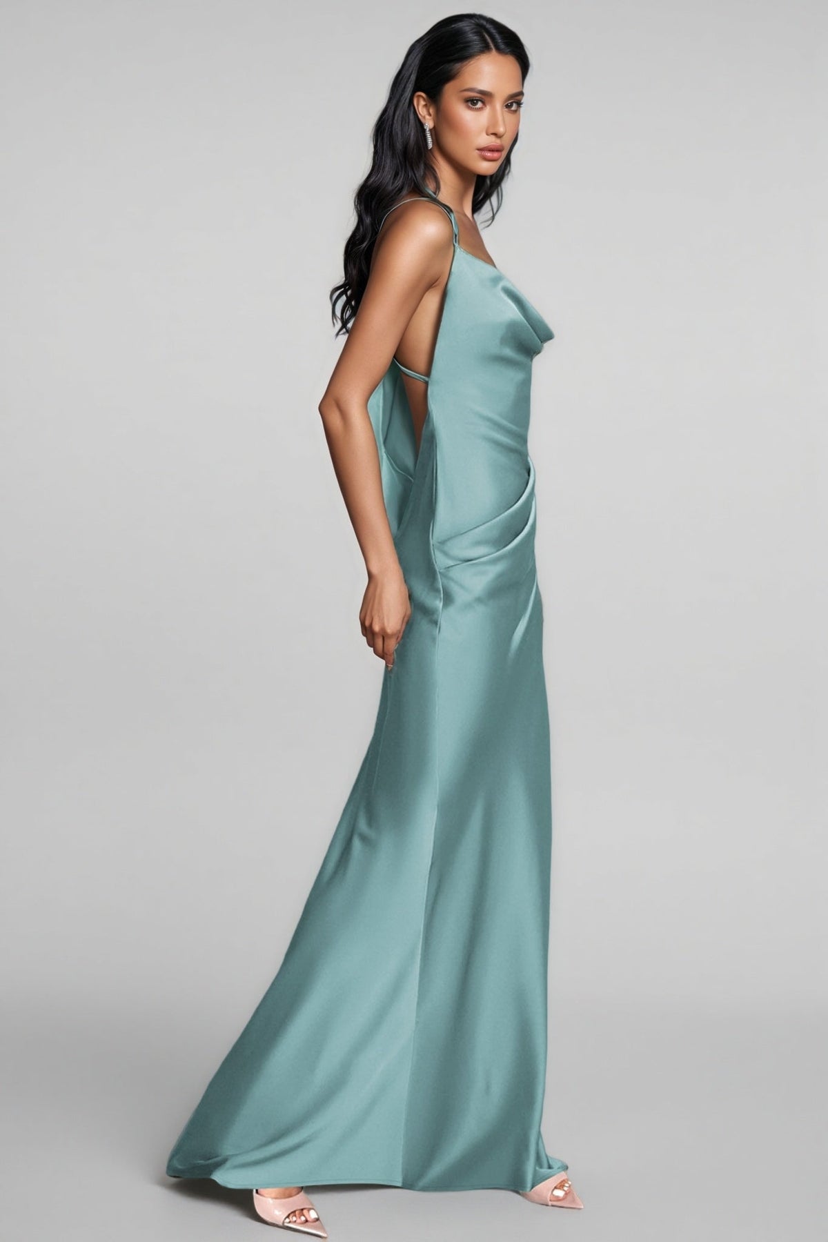 Satin Cowl Neck Spaghetti Strap Ruched Waist Bias Cut Slip Maxi Dress - View 3