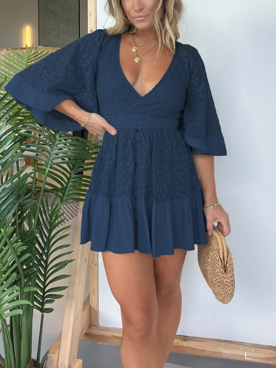Lace Overlay Deep V-Neck Bell Sleeve Smocked Empire Mini Dress - View 5