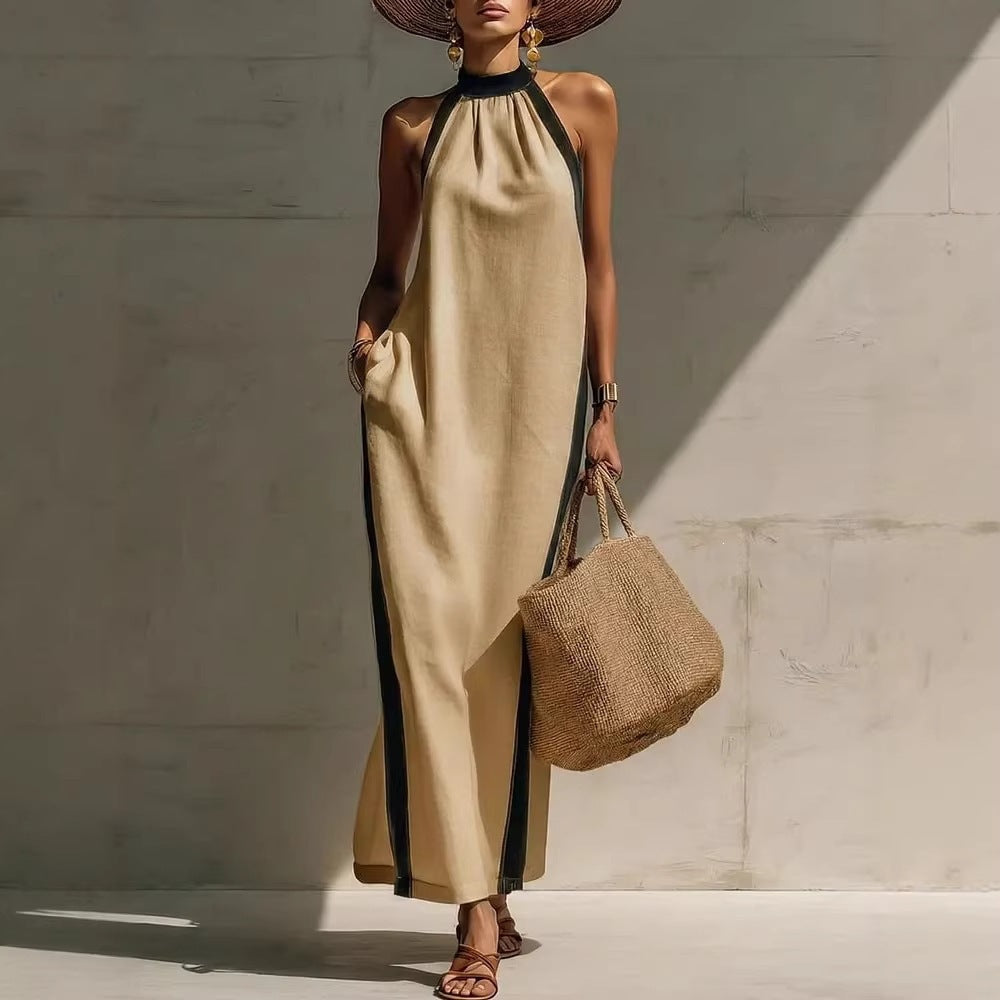 Halter Neck Sleeveless Contrast Trim Maxi Dress Summer 8