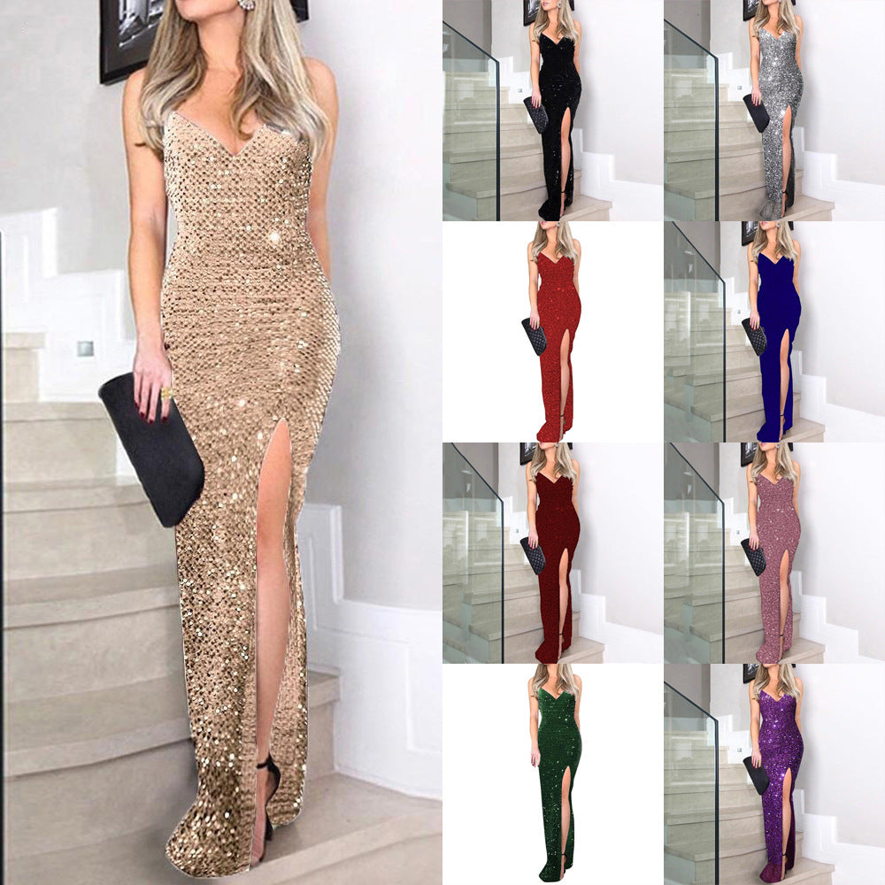 Sequin V-Neck Spaghetti Strap Ruched High Split Bodycon Maxi Dress - View 9