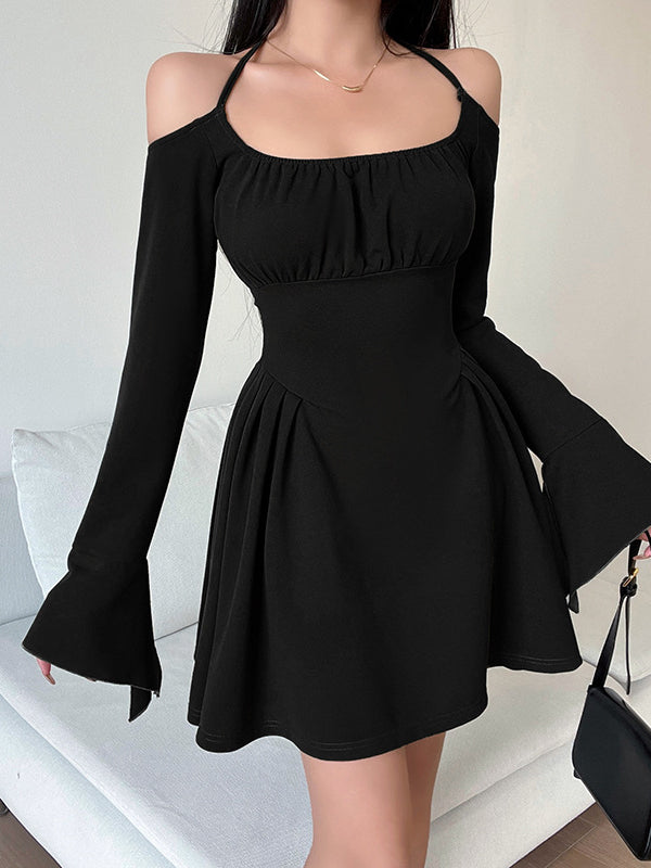 Green Cold Shoulder Dress With Fairycore Vibes M / Long Sleeve Skater Dress