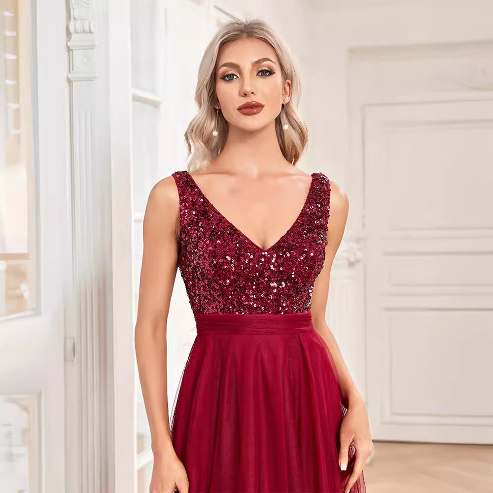 Sequin V-Neck Tulle High Low Midi Dress - View 3