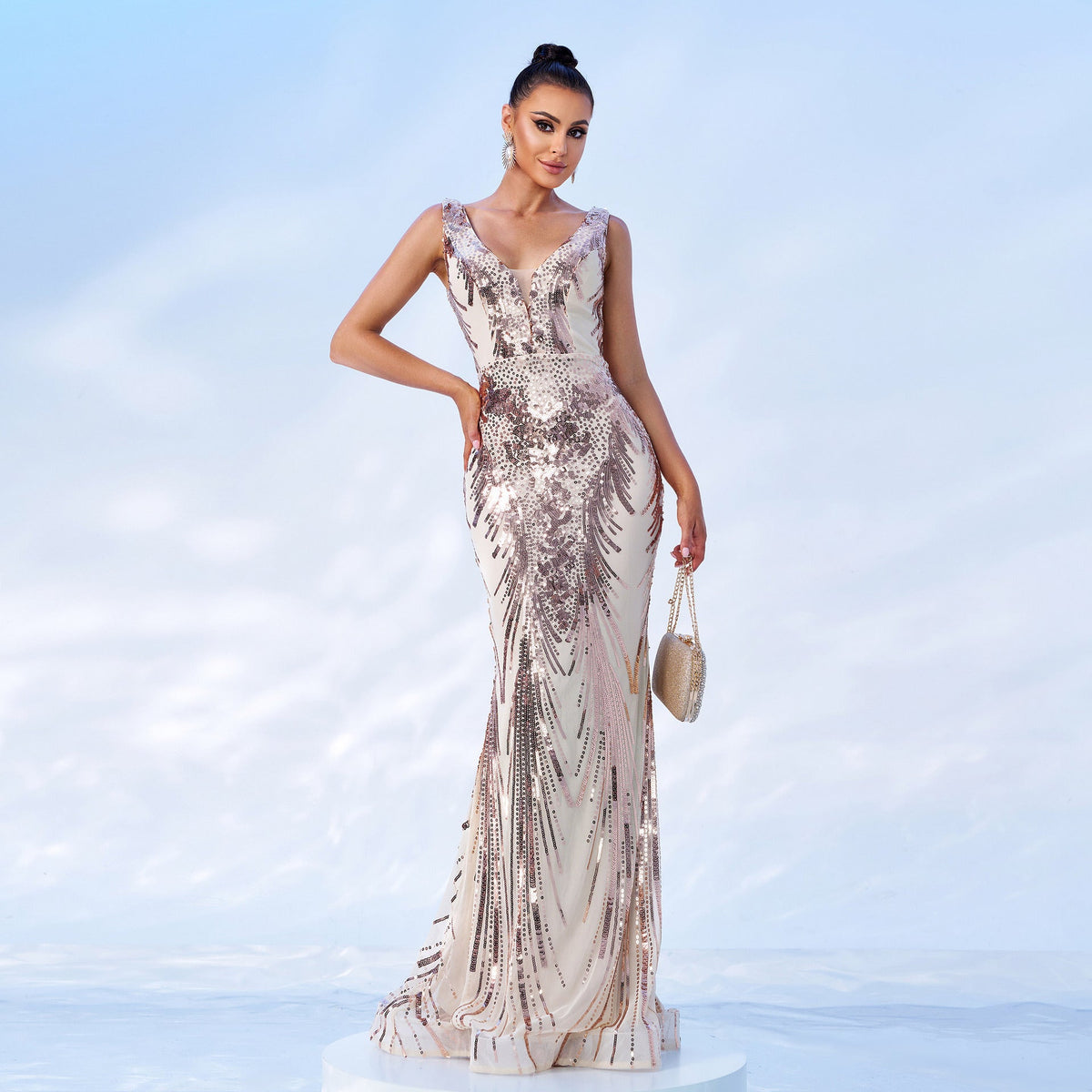 Sequin Deep V-Neck Sleeveless Beaded Mermaid Maxi Dress - View 3