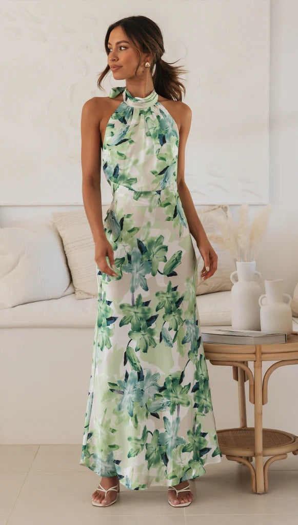Years Personality Bandage Halter Lace up Backless Print Maxi Dress - View 7