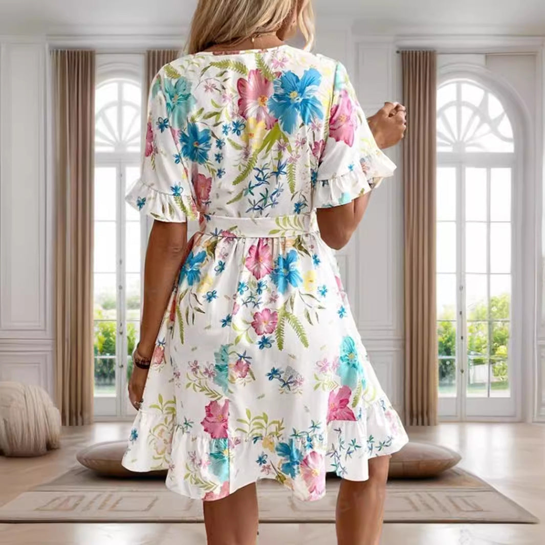 Floral Print Short Sleeve Tiered Ruffle Belted Mini Summer Dress - View 4