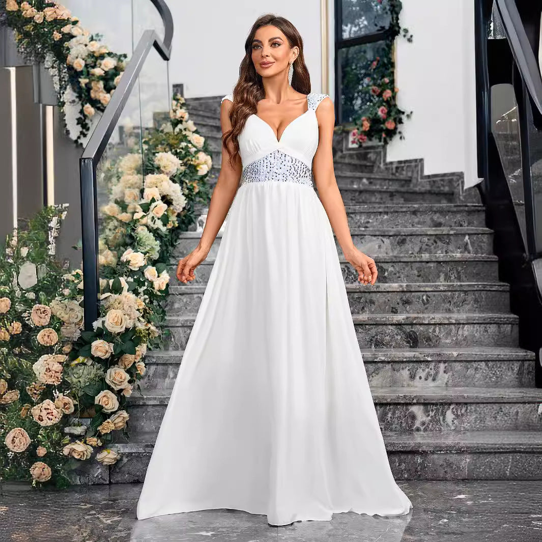 Solid Color Sequ V neck Brace Backless Cocktail Evening Dress