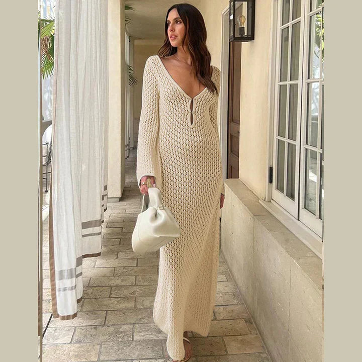 Open Knit Crochet Deep V-Neck Keyhole Bell Sleeve Bodycon Maxi Dress - View 4