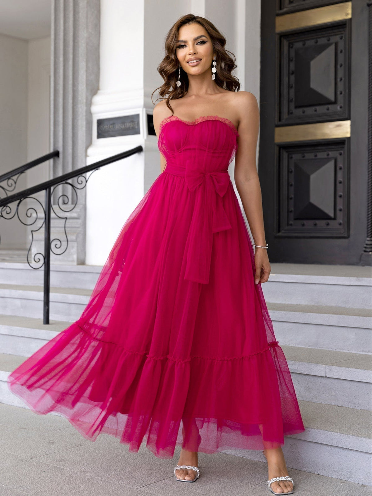 Mesh Dress Lace up Dress Ruffled Tied Mesh Straight - View 6