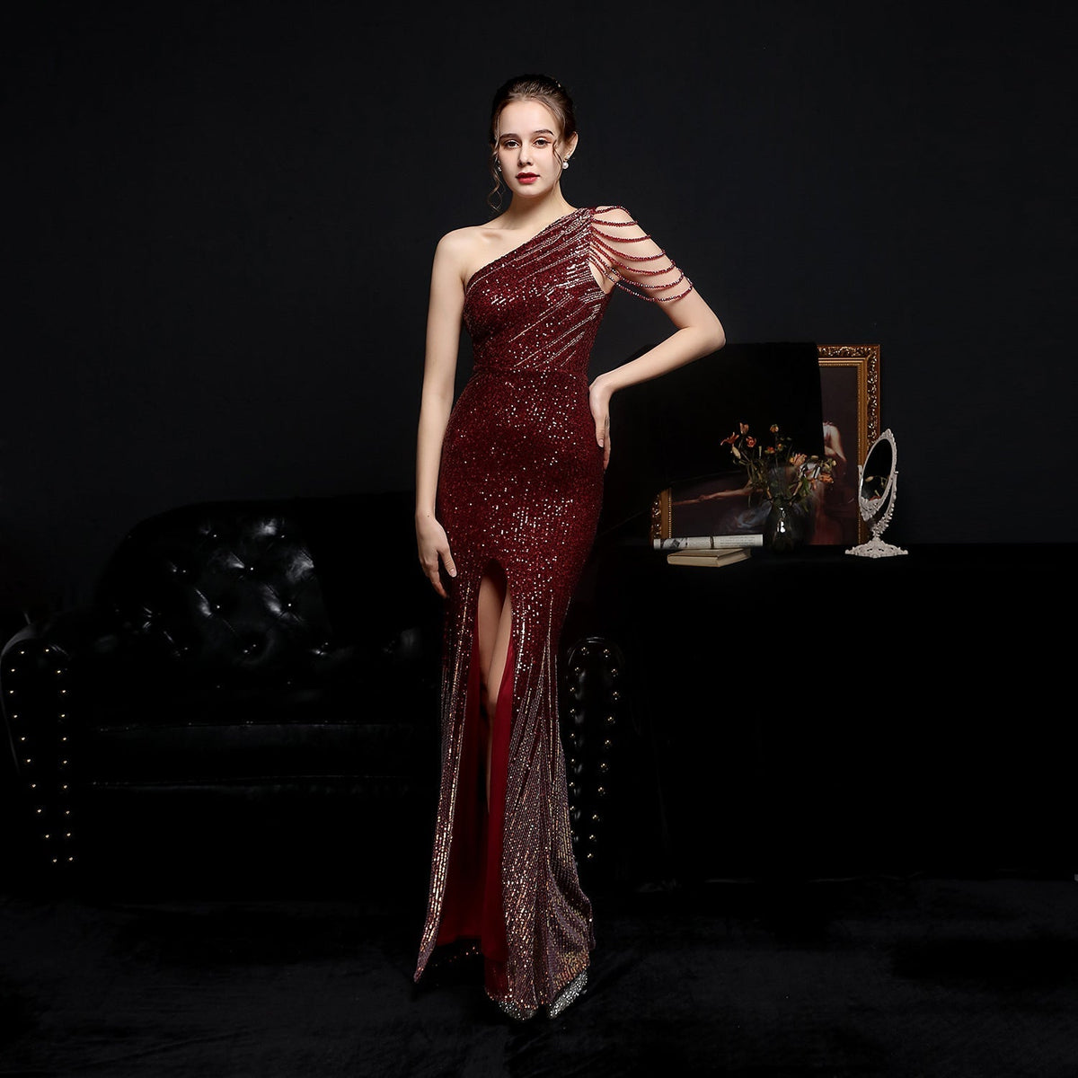 Sequin One Shoulder Beaded Fringe High Split Mermaid Gown - View 9