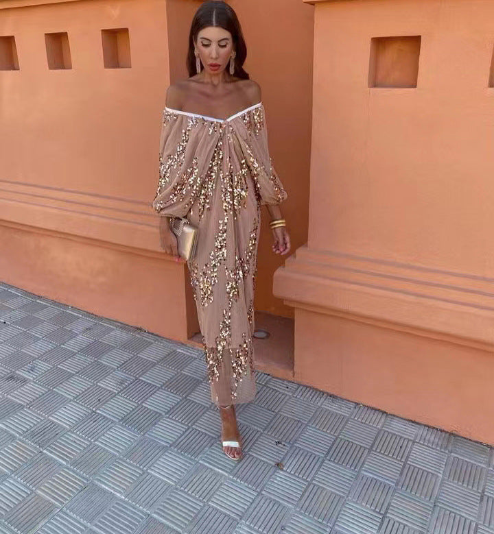 Sequin Off Shoulder Deep V-Neck Lantern Sleeve Mesh Maxi Dress - View 2