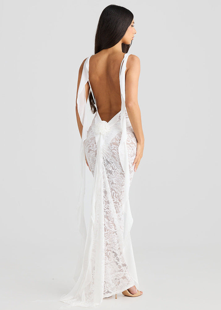 Celestine Sheer Lace Backless Maxi Dress - View 2