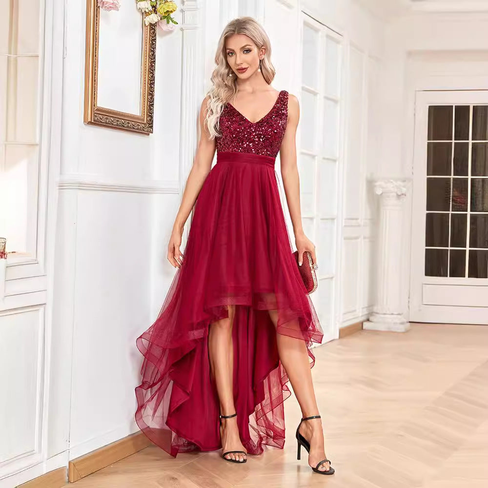 Sequin V-Neck Tulle High Low Midi Dress - View 2