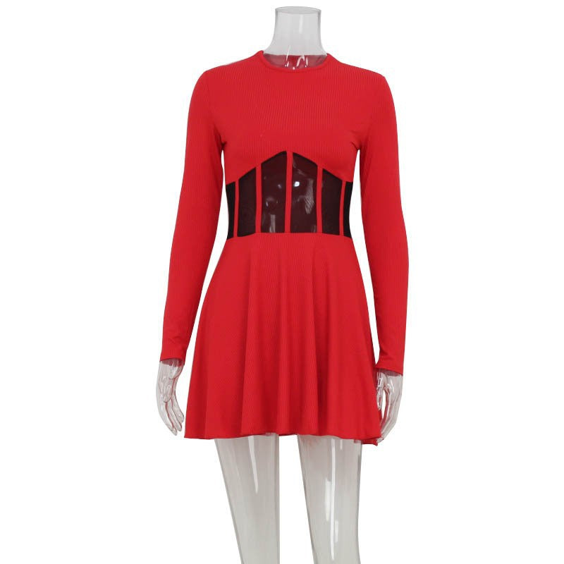 Long Sleeve Sheer Mesh Corset Waist Fit and Flare Mini Dress - View 4
