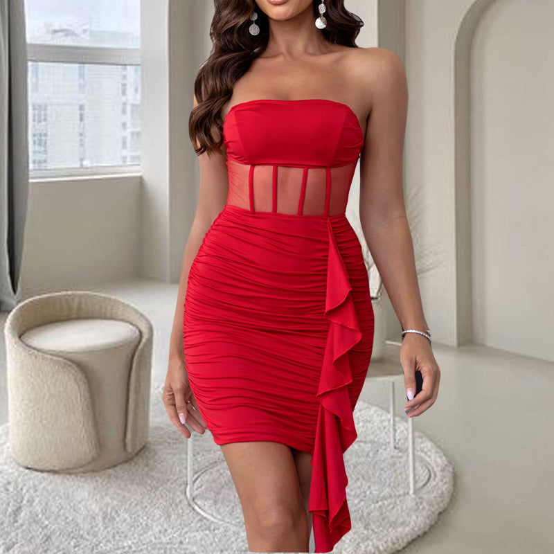 Strapless Mesh Corset Panel Ruched Bodycon Mini Party Dress - View 2