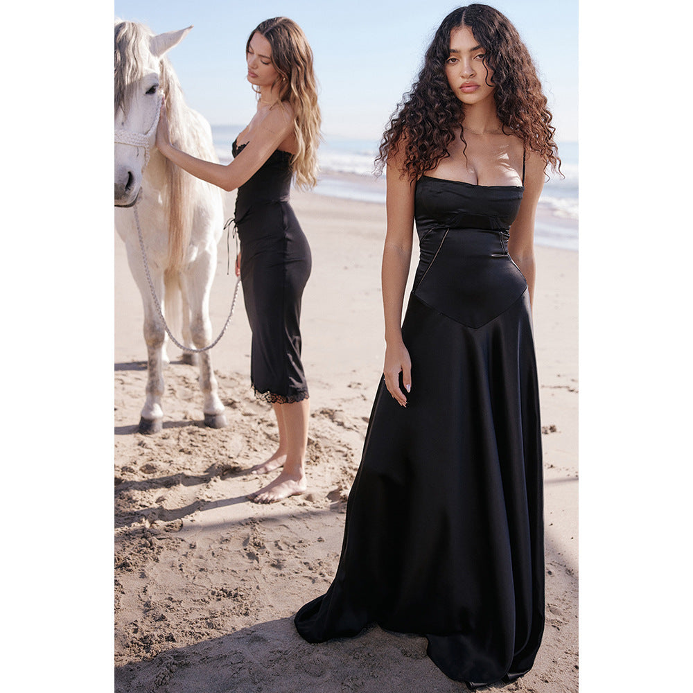Square Neck Lace Up Back Satin Slip Maxi Dress