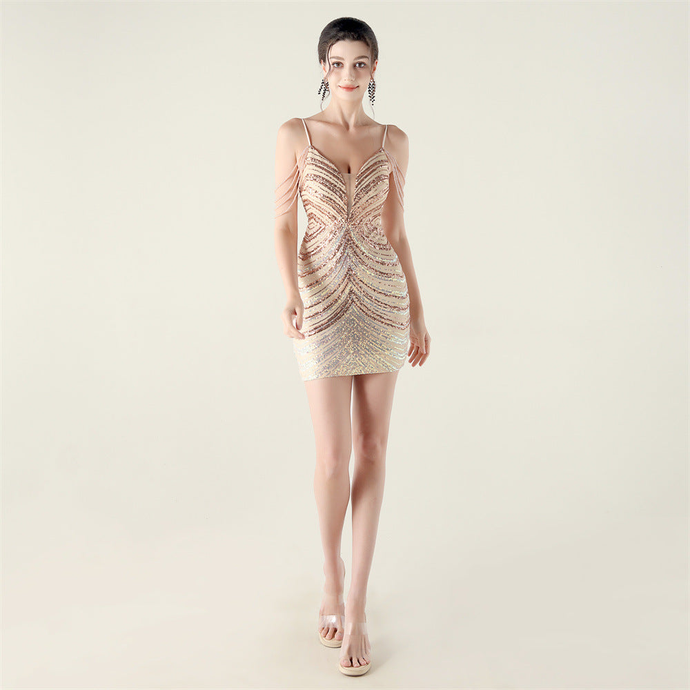 Sequin Spaghetti Strap Deep V-Neck Beaded Bodycon Mini Dress - View 6