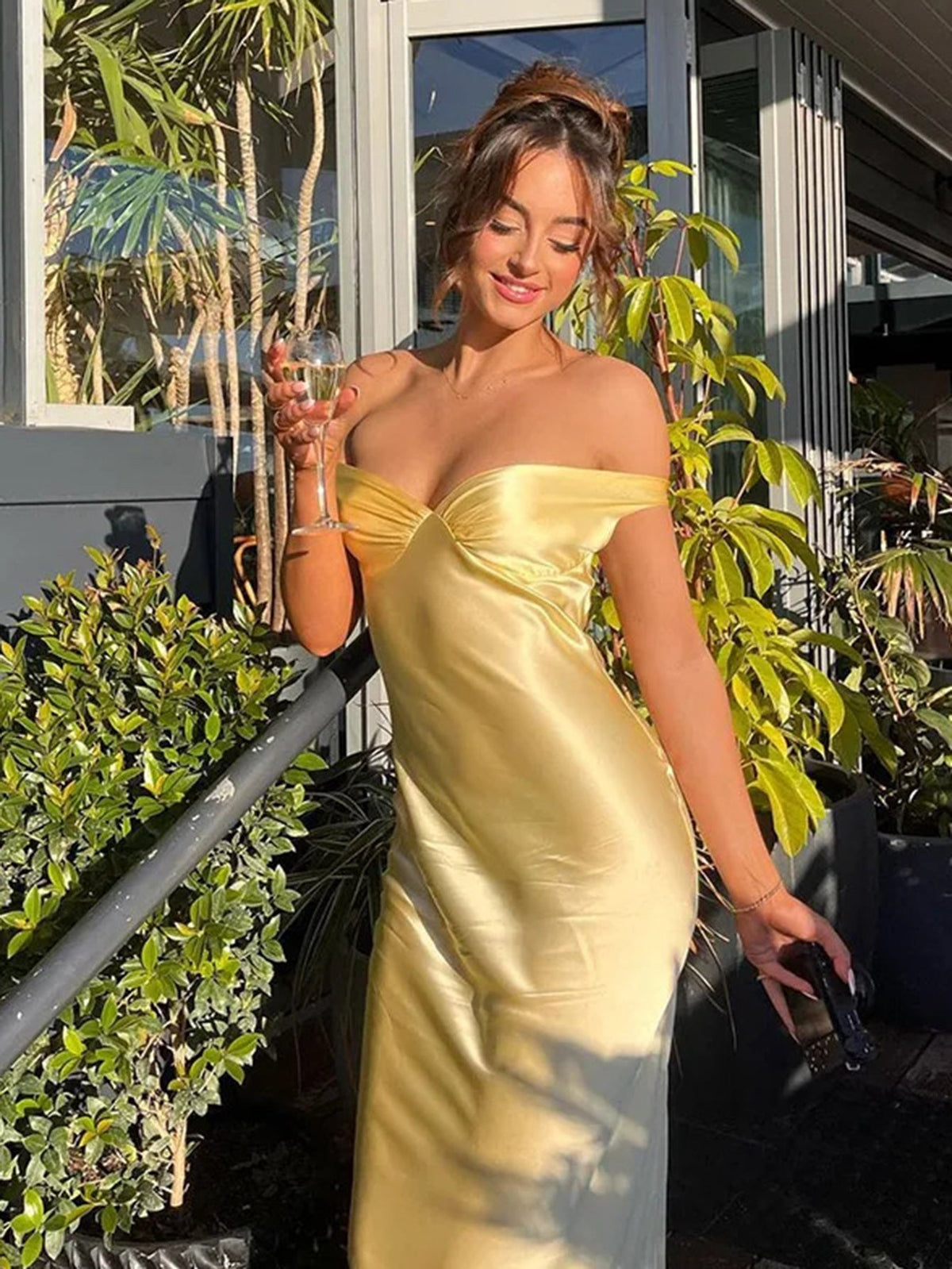 Off Shoulder Sweetheart Twist Front Satin Maxi Dress 13