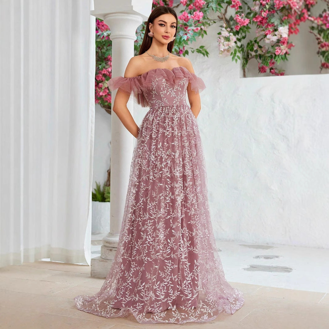 Embroidered Tulle Off Shoulder Ruffle A-Line Maxi Gown - View 3