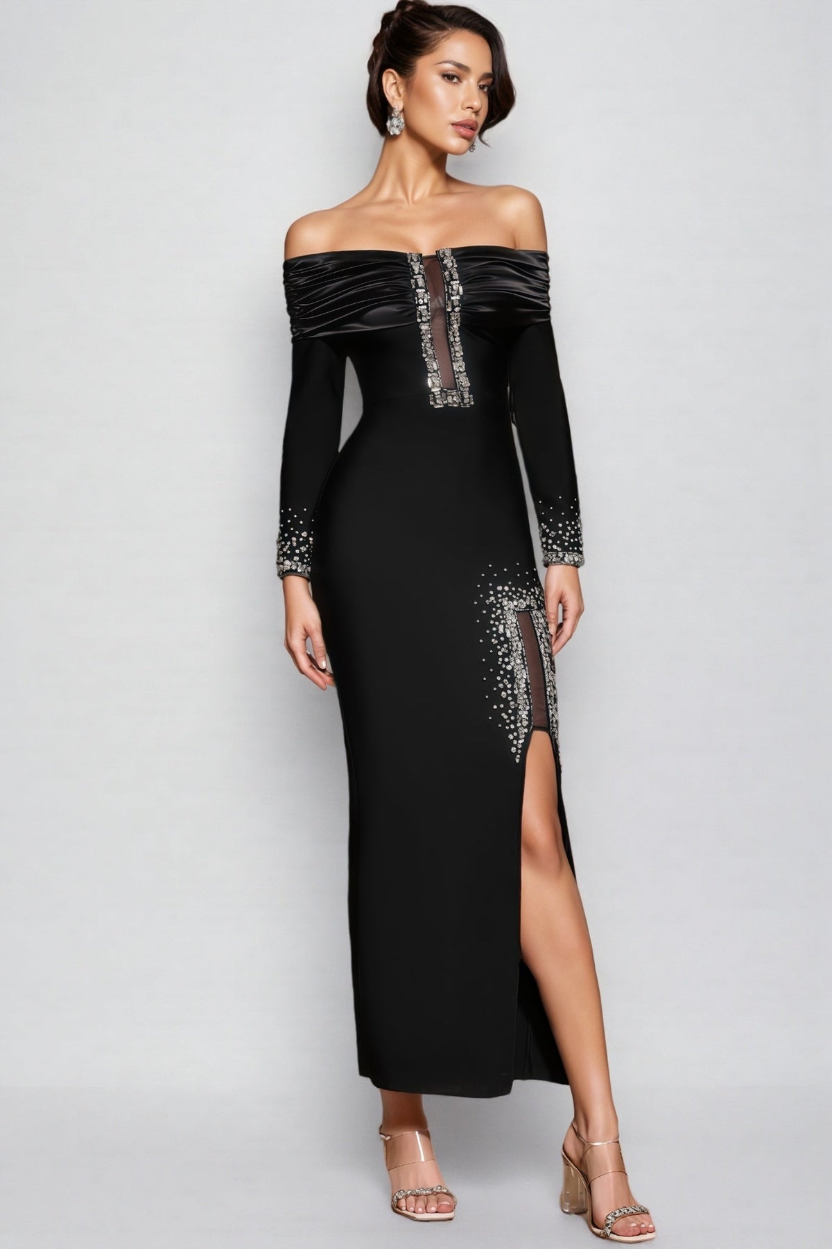 Off Shoulder Ruched Trim Keyhole Cut Out Rhinestone Maxi Gown - View 3